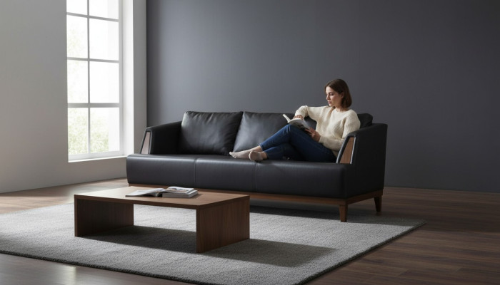 Zwarte designer leren driezitter moderne woonkamer gestoffeerde bank.