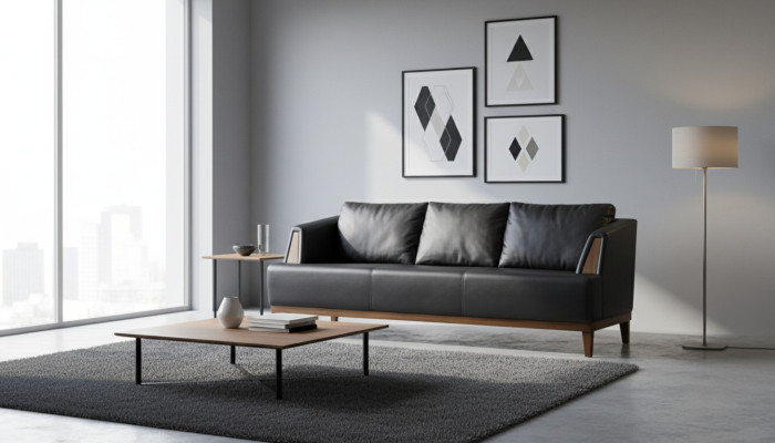 Zwarte designer leren driezitter moderne woonkamer gestoffeerde bank.