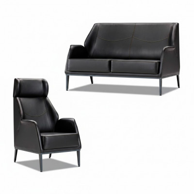 Zwarte Lederen Set Moderne Tweezits Bank Bekleding Fauteuil Meubel 2-delig