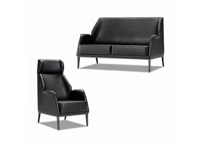 Zwarte Lederen Set Moderne Tweezits Bank Bekleding Fauteuil Meubel 2-delig