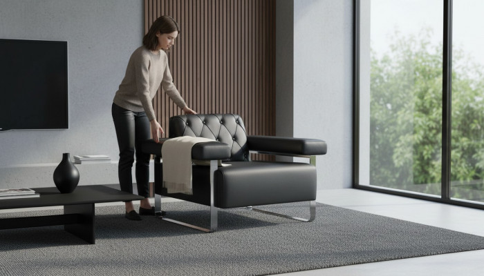 Ledersofa Chesterfield Design 1-Zits Zwart Roestvrij Staal Kantoormeubilair