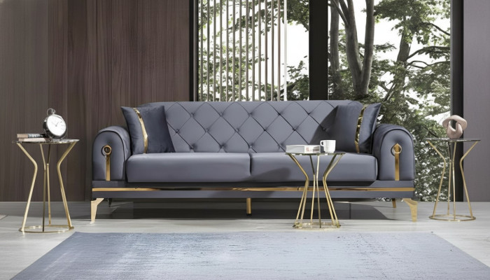 Chesterfield grijze stoffen bank Designer woonkamer driezits textiel 3-zits