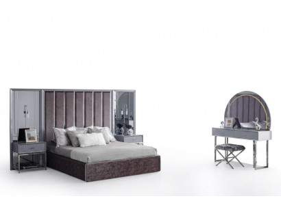 Schlafzimmer Möbel Set Grau Bett Schminktisch Nachttisch Hocker 6tlg.