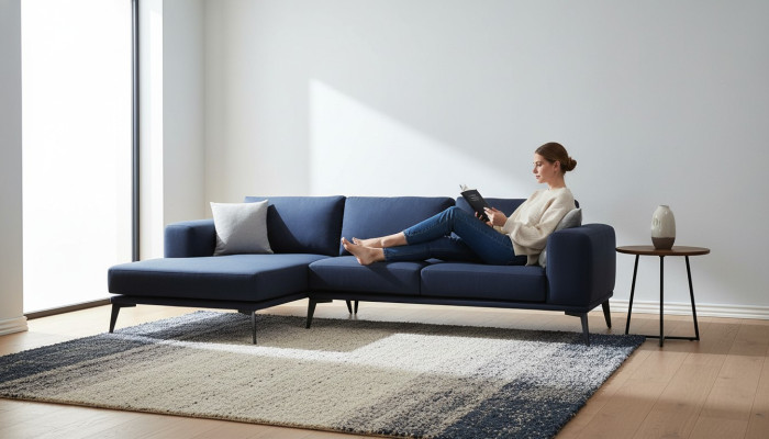 Hoekbank L-vorm Donkerblauw Effen Kleur Textielmateriaal met Kussens Woonkamer