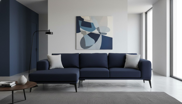 Hoekbank L-vorm Donkerblauw Effen Kleur Textielmateriaal met Kussens Woonkamer
