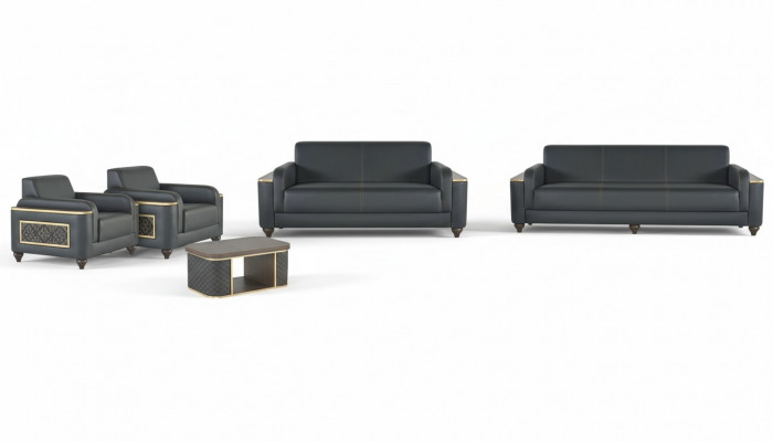 Zwarte woonkamer zitcombinatie designer driezitsbank fauteuil salontafel