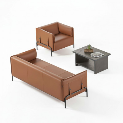 Zitmeubel 3-delig Bruin 3-zits Fauteuil Grijze Kleur Salontafel Werkruimte