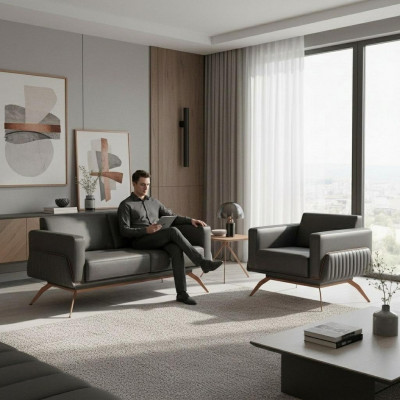 Werkruimte-set, 2-delig, 2-zits bank met fauteuil, grijs effen, woonkamer.