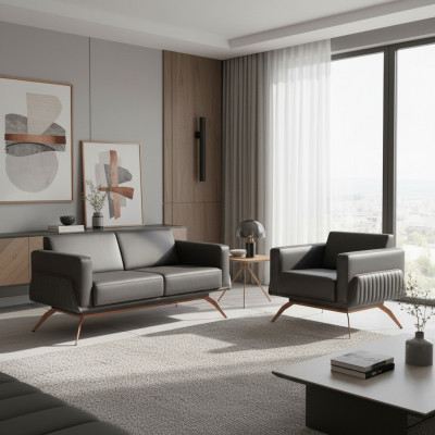 Werkruimte-set, 2-delig, 2-zits bank met fauteuil, grijs effen, woonkamer.