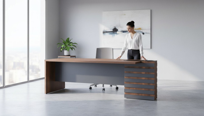 Bureau bruin grijs tweekleurig modern design kantoor rechthoekig