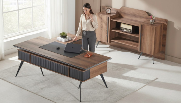 Werkruimte-set, 2-delig, bureautafel, dressoir, opbergruimte, bruin, effen kleur.