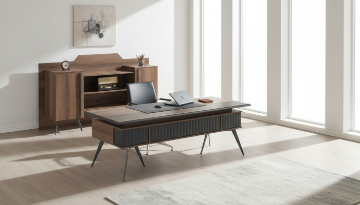 Werkruimte-set, 2-delig, bureautafel, dressoir, opbergruimte, bruin, effen kleur.