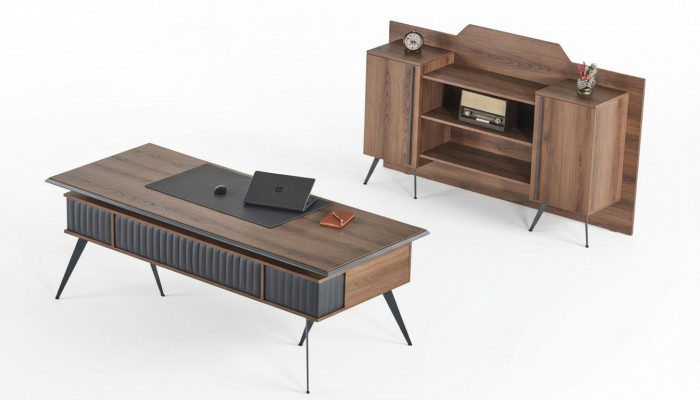 Werkruimte-set, 2-delig, bureautafel, dressoir, opbergruimte, bruin, effen kleur.