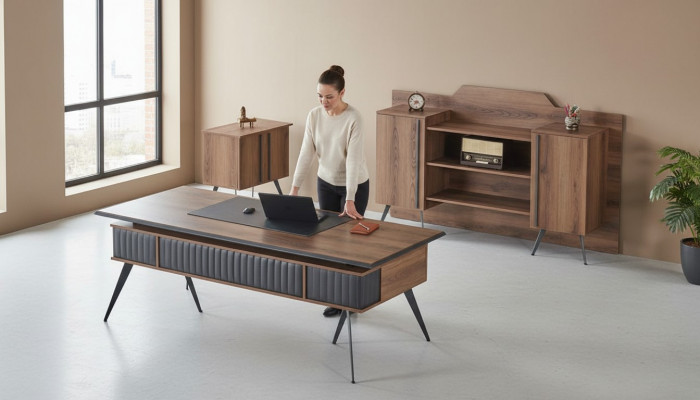 Werkkamer-set 3-delig bureautafel dressoir commode bruin grijs tweekleurig