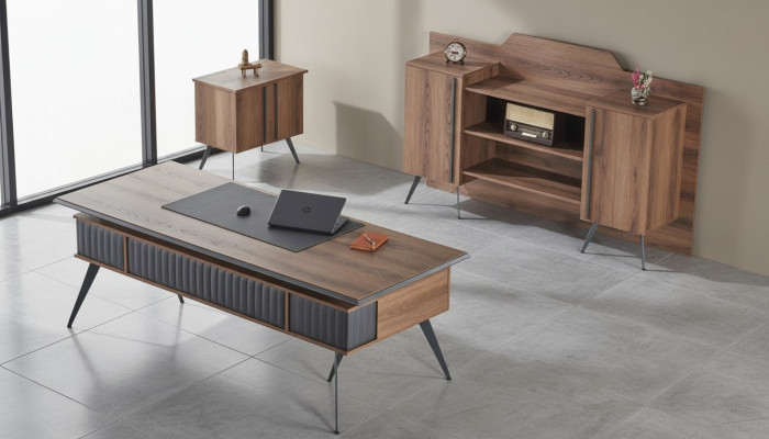 Werkkamer-set 3-delig bureautafel dressoir commode bruin grijs tweekleurig