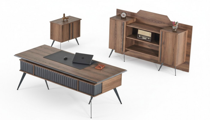 Werkkamer-set 3-delig bureautafel dressoir commode bruin grijs tweekleurig