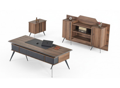 Werkkamer-set 3-delig bureautafel dressoir commode bruin grijs tweekleurig
