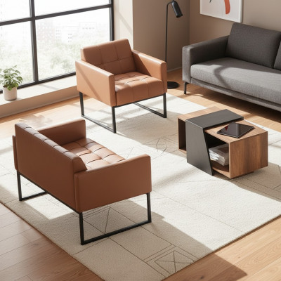 Werkkamer Bruin Grijs Set 3-delig 2-zits Sessel Salontafel Moderne Stijl