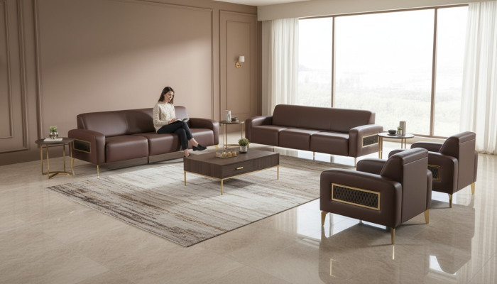 Edele bruine werkkamerset met leren bekleding moderne driezitsbanken fauteuils
