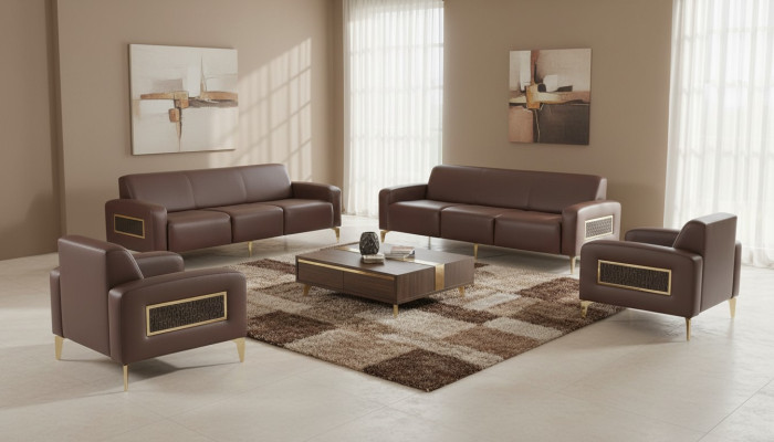 Edele bruine werkkamerset met leren bekleding moderne driezitsbanken fauteuils