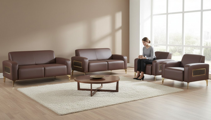 Werkkamer-set 4-delig 2x 2-zitter met 2x fauteuil bruin effen modern