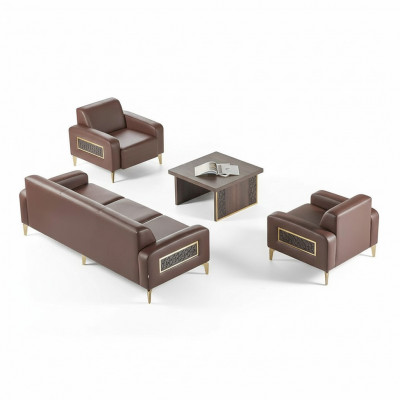 Werkkamerset 4-delig 3-zits 2x fauteuil salontafel bruin woonkamer.
