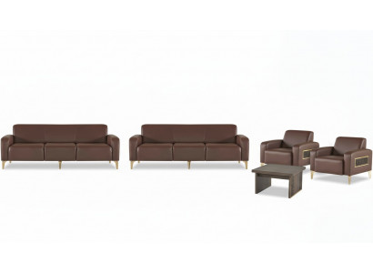 Bruin werkkamer lederen set driezitter 2x fauteuil salontafel