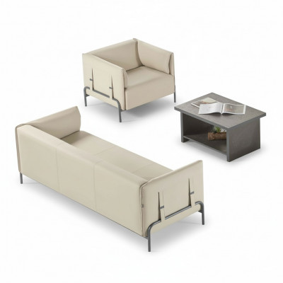 Werkkamer-set 3-delig Beige 3-zits Bank Grijs Fauteuil Salontafel Woonkamer