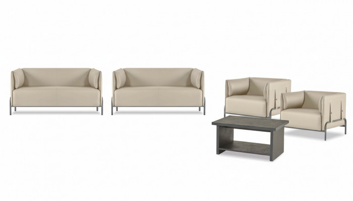Zandkleurige werkkamer meubels designer 2x tweezits luxe fauteuils tafel