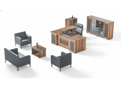 Zwart-bruine kantoorinrichting: bureau, dressoir, sofa, fauteuil