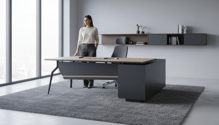 Zwart-bruine studeerkamer tafel designer hoektafel houten kantoormeubilair.