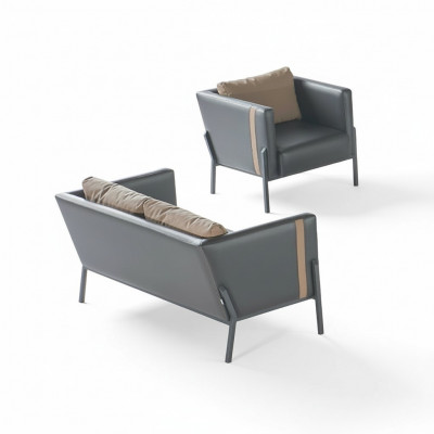 Werkruimte zitmeubilair luxe grijze lederen 2-zitsbank chique fauteuil