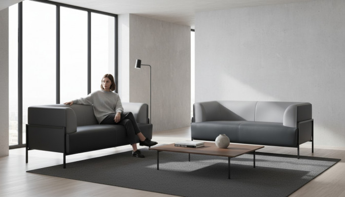 Lederen sofa zwart modern zitmeubel 4-delig garnituur roestvrij staal kantoor armleuningen