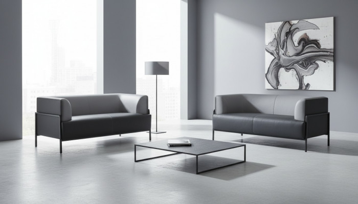 Lederen sofa zwart modern zitmeubel 4-delig garnituur roestvrij staal kantoor armleuningen