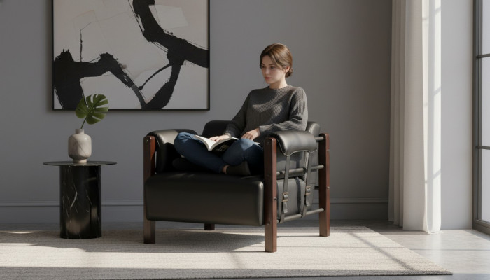 Leunstoel Zwart Moderne Fauteuil Hout Leer Zachte Armleuningen 1-Zits