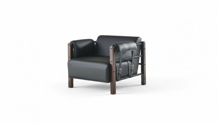 Leunstoel Zwart Moderne Fauteuil Hout Leer Zachte Armleuningen 1-Zits