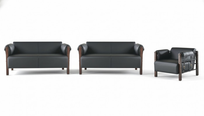 Bankstel Bankstellen Banken Leer 2-Zits Fauteuil Zwart Modern Hout