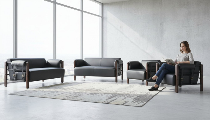 Ledersofa's Bank 2-zitsbanken Banken Fauteuils Zwart Modern Leer Hout