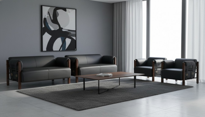 Ledersofa's Bank 2-zitsbanken Banken Fauteuils Zwart Modern Leer Hout