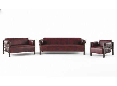 Bank Bordeaux lederen sofa's hout compleet 3-delig 3-zit 2-zit fauteuil
