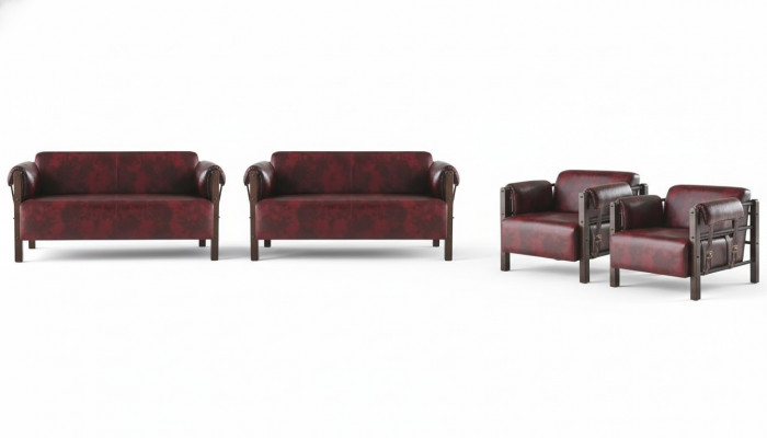 Banken 2-zitsfauteuil Bordeaux Modern Houten Zachte Lederen Armleuningen Set