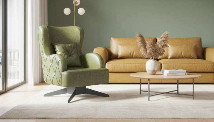 Stoel Bekleding 1-Zitter Groen Kussen Effen Kleur Klassieke Stijl Leer Hout