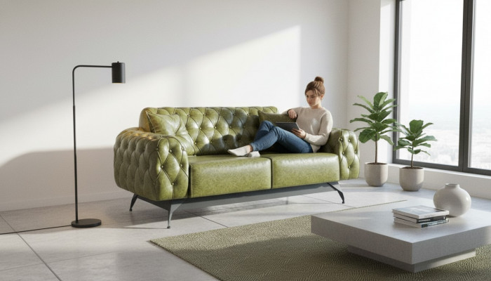 Lederen bank 2-zitsbank Groen Bekleding Klassiek Kussen Chesterfield Bank