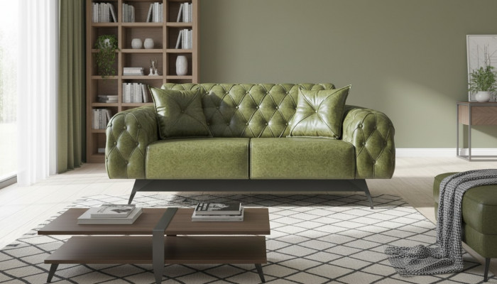 Lederen bank 2-zitsbank Groen Bekleding Klassiek Kussen Chesterfield Bank