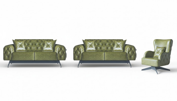 Bankstel Chesterfield 3-zits 2-zits Leer Hout Fauteuil Groen Klassiek