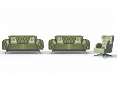 Bankstel Chesterfield 3-zits 2-zits Leer Hout Fauteuil Groen Klassiek
