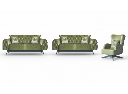 Lederen bank sofa-set 2-zits groen bekleding kussen stoel klassiek zacht