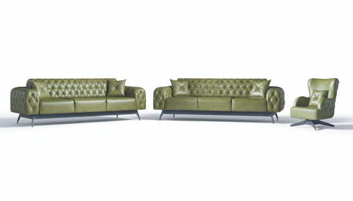 Sofa-set bank 3-zits leren fauteuil groen klassiek Chesterfield gestoffeerd 4-delig.