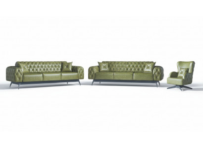 Sofa-set bank 3-zits leren fauteuil groen klassiek Chesterfield gestoffeerd 4-delig.