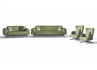 Chesterfield gestoffeerde 3-zits 2-zits fauteuil groen set klassiek leder 4-delig.